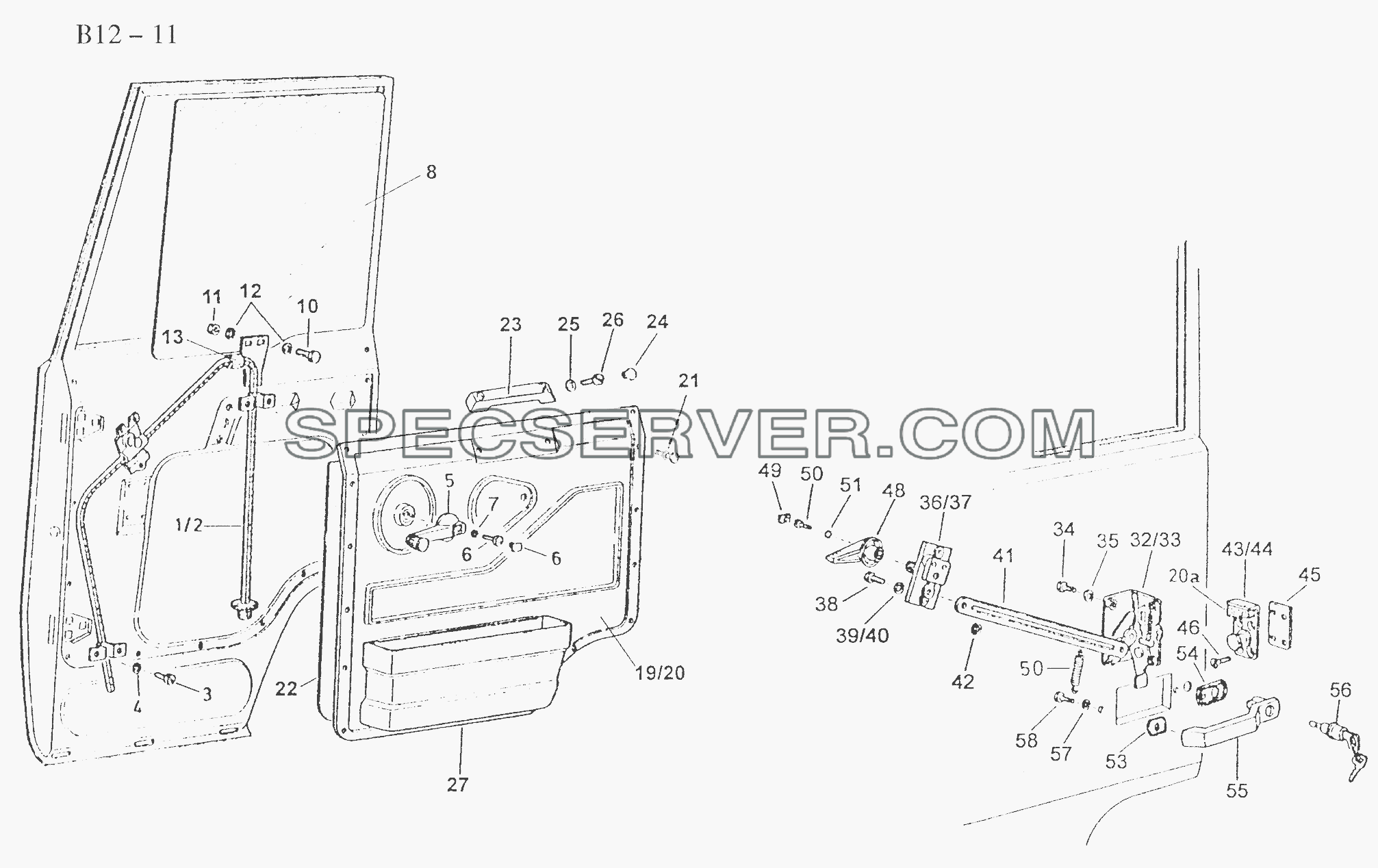 DOOR LOCK AND FITTINGS (B12-11) для Sinotruck (полного) (список запасных частей)
