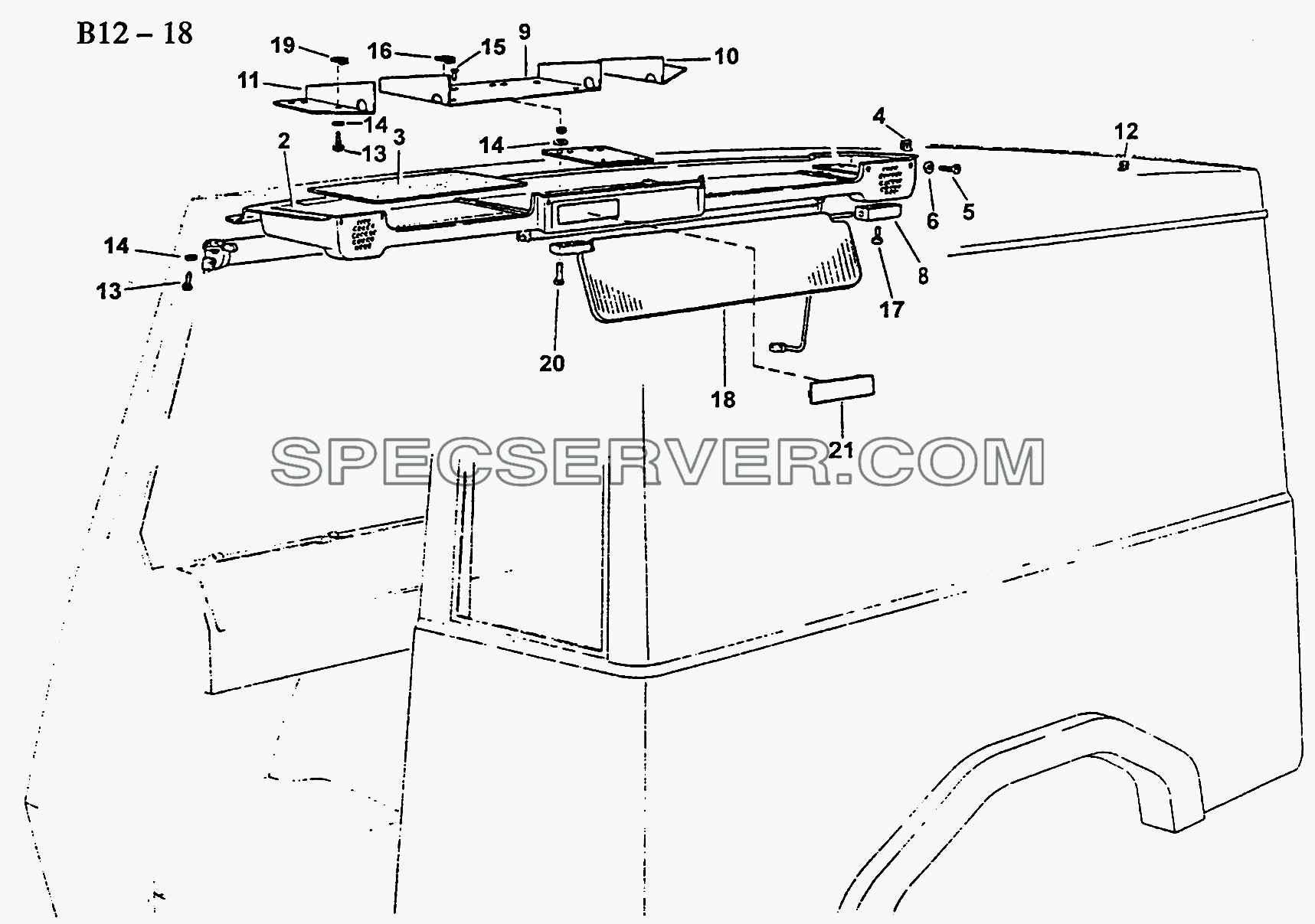 SHELF, SUN VISOR OF STANDARD DRIVER'S CAB (B12-18) для Sinotruk 4x2 Tractor (371) (список запасных частей)