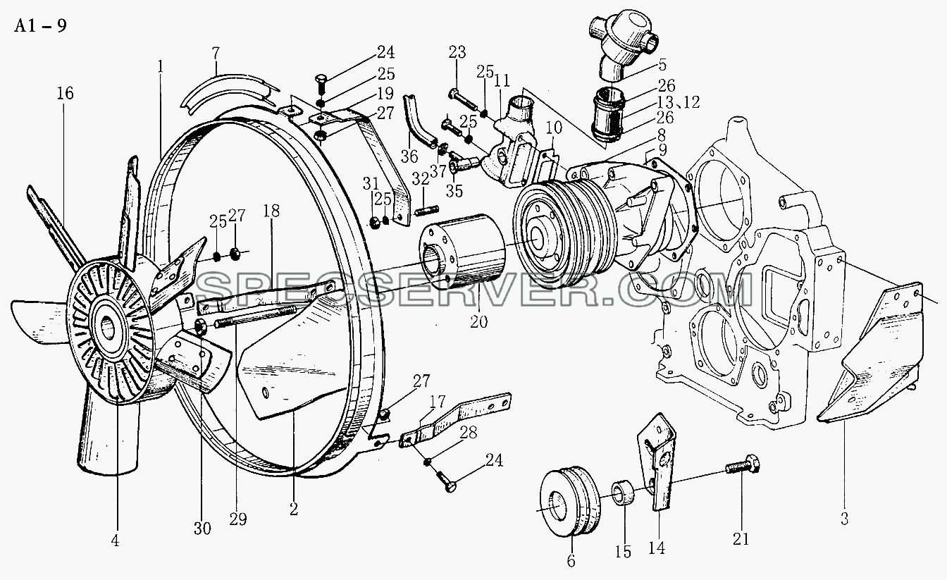 WD615 WATER PUMP, VENTILATOR (A1-9) для Sinotruk 4x2 Tractor (371) (список запасных частей)