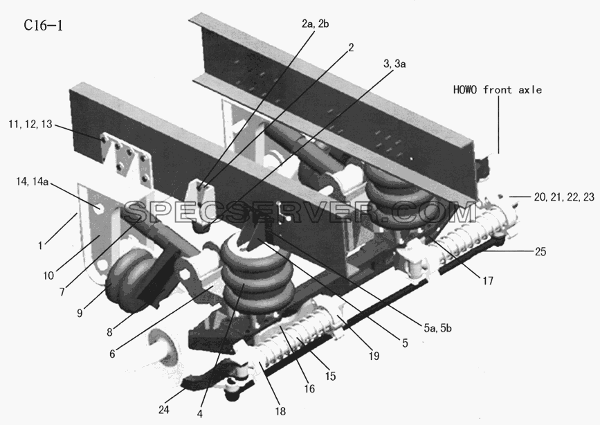 TRAILING AXLE WITH AIR SUSPENSION, SELF STEERING, PNEUMATIC LIFTING DEVICE (C16-1) для Sinotruk 4x2 Tractor (371) (список запасных частей)