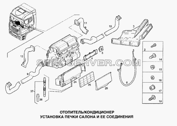 Установка печки салона и ее соединения для Stralis (список запасных частей)