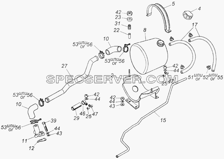 Установка расширительного бачка для КамАЗ-43114 (список запасных частей)