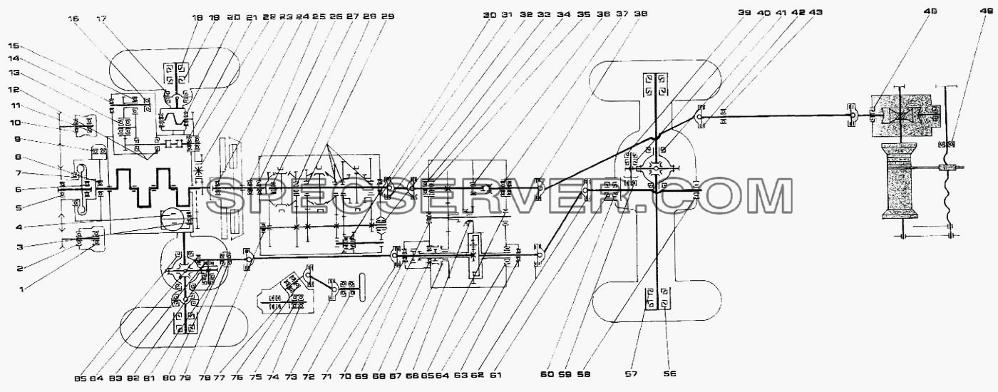 Кинематическая схема трансмиссии 4326 для КамАЗ-4326 (список запасных частей)