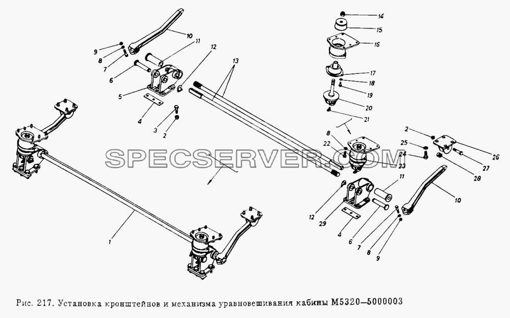 Установка кронштейнов и механизма уравновешивания кабины для КамАЗ-5320 (список запасных частей)