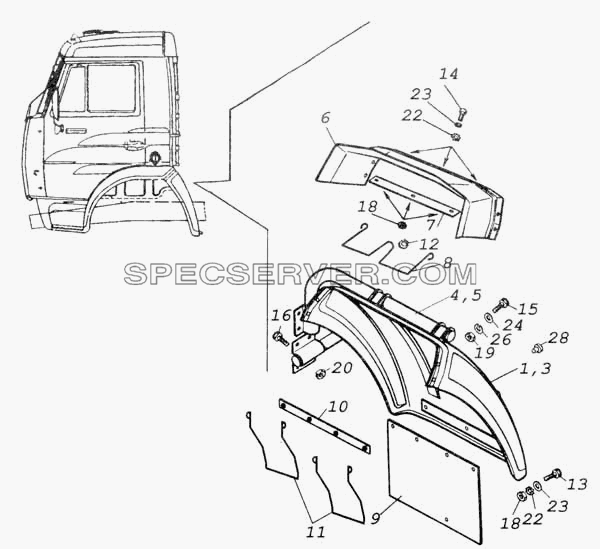 Установка задней части переднего крыла правая для КамАЗ-53228, 65111 (список запасных частей)