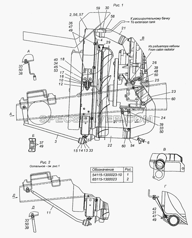 54115-1300023-10 Установка радиатора для КамАЗ-53501 (6х6) (список запасных частей)
