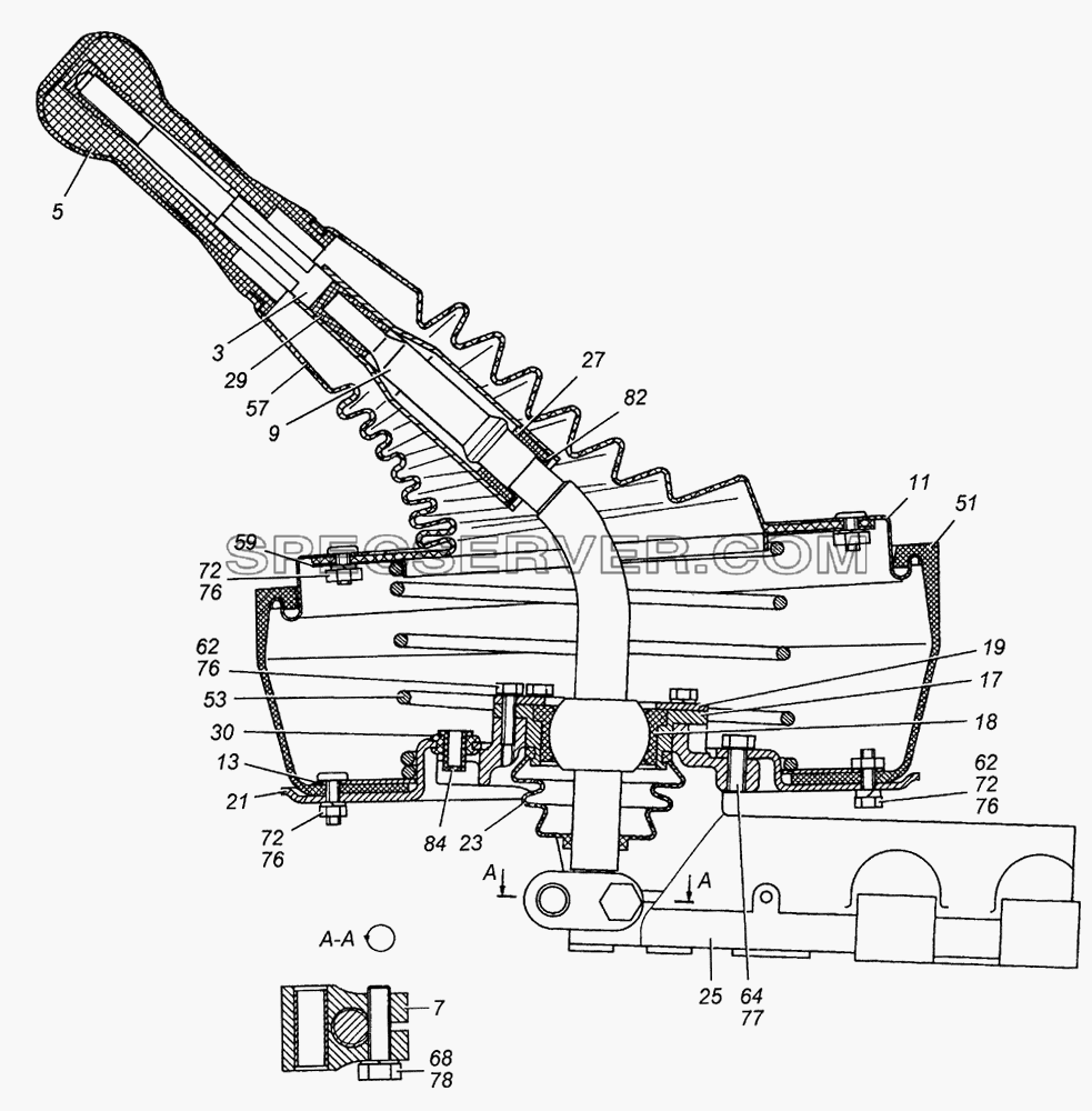 161.1703204 Опора рычага переключения передач в сборе/Lever support of transfers switching, assy для КамАЗ-53501 (6х6) (список запасных частей)