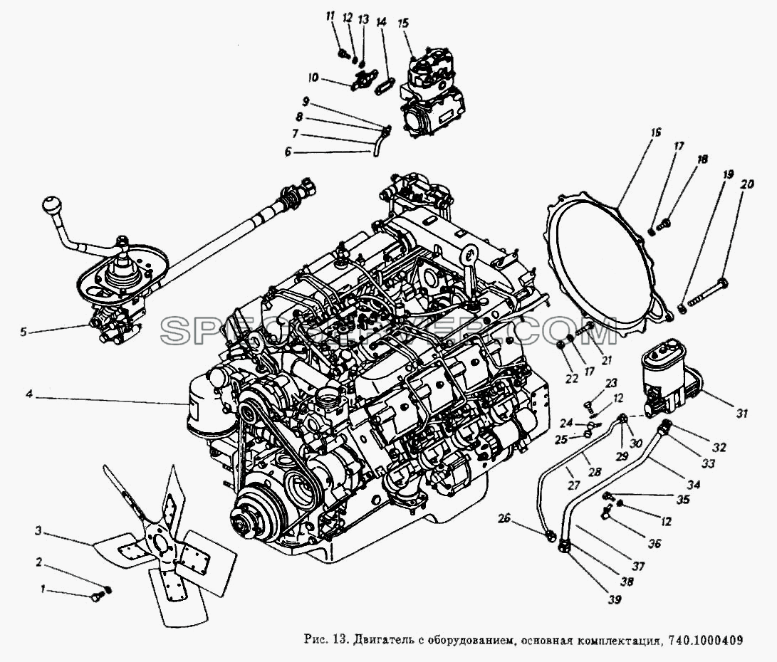 Двигатель с оборудованием, основная комплектация для КамАЗ-5410 (список запасных частей)