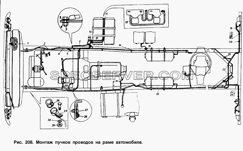 Монтаж пучков проводов на раме автомобиля для КамАЗ-5511 (список запасных частей)