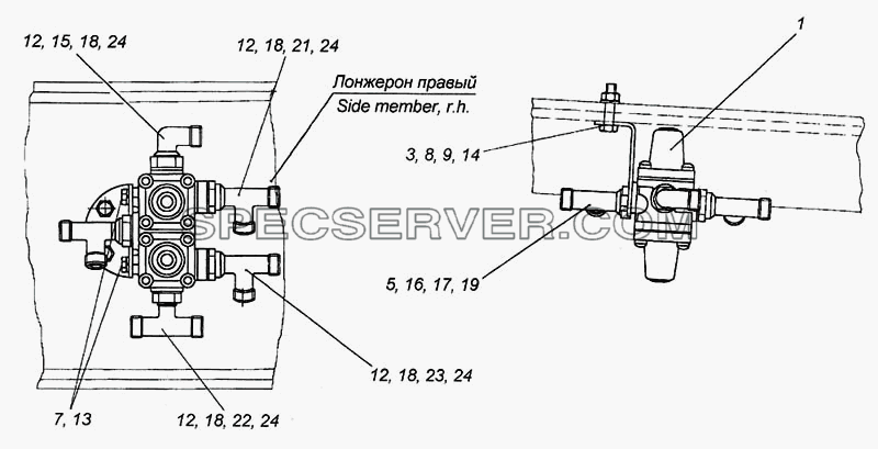 Установка четырехконтурного защитного клапана для КамАЗ-6460 (список запасных частей)