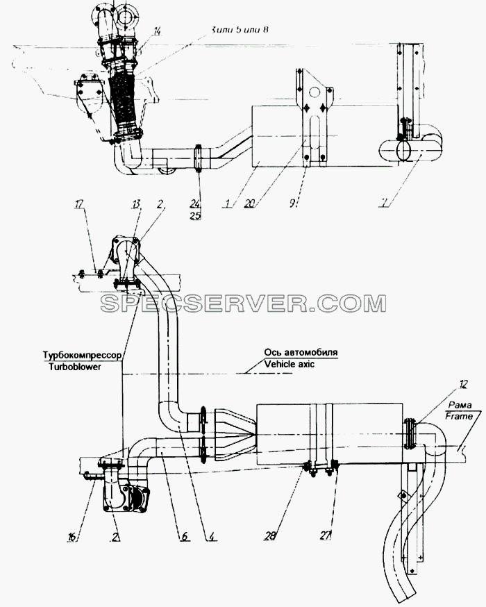 Система выпуска газа (53215, 55111) для КамАЗ-65115 (список запасных частей)