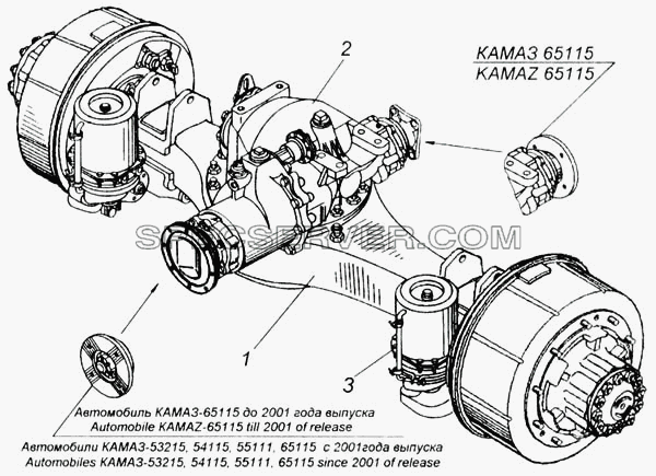 Мост средний в сборе (для автомобилей КАМАЗ до 2001 года выпуска) для КамАЗ-65115 (список запасных частей)