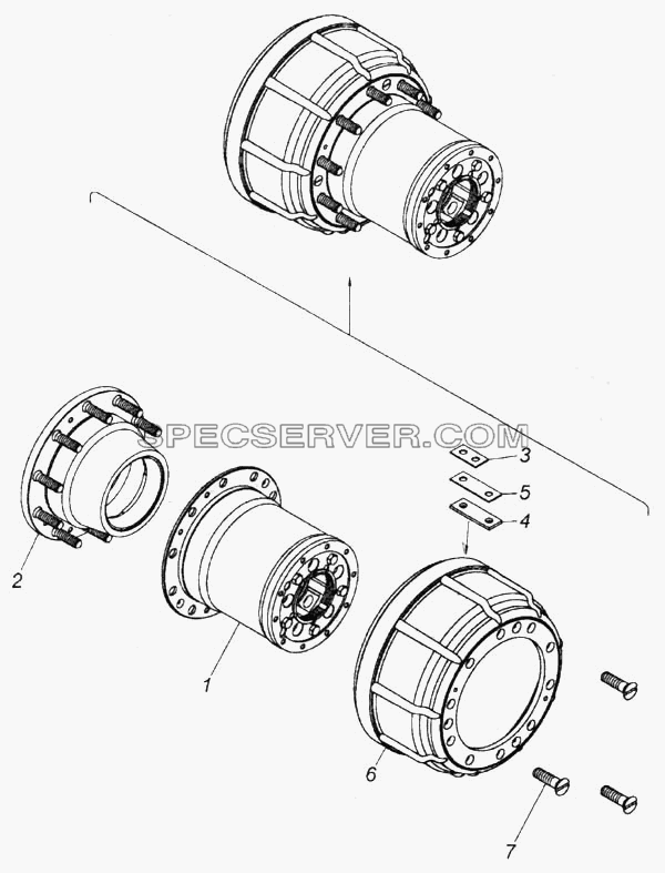 Ступица заднего колеса с тормозным барабаном и кожухом для КамАЗ-6520 (список запасных частей)