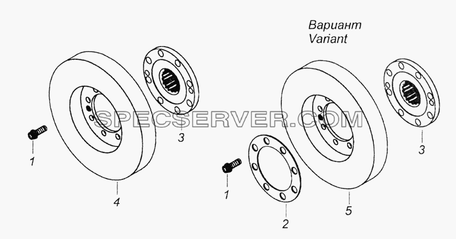 740.21-1005059-10 Установка гасителя крутильных колебаний и полумуфты отбора мощности для КамАЗ-6522 (Euro-2, 3) (список запасных частей)