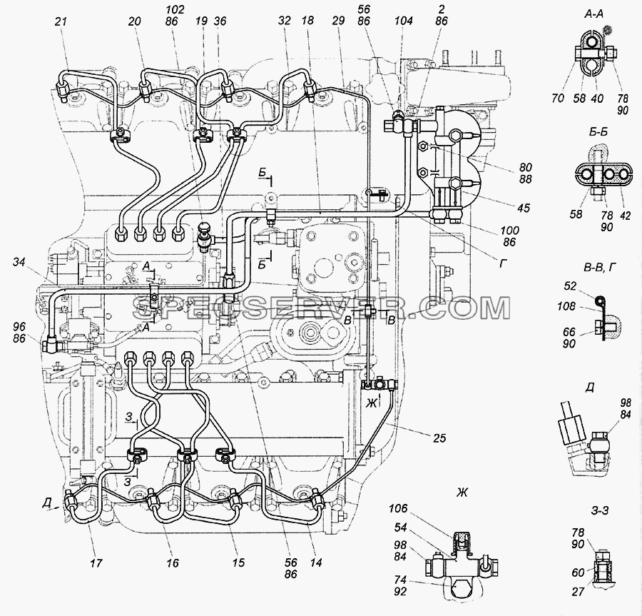 740.21-1104000 Установка топливопроводов для КамАЗ-6522 (Euro-2, 3) (список запасных частей)
