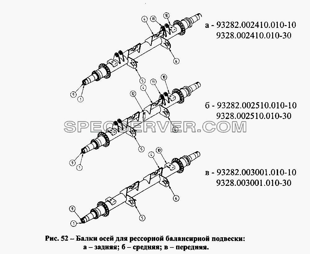 Балки осей для рессорной балансирной подвески:а-задняя, б-средняя, в-передняя для СЗАПА-9328 (список запасных частей)