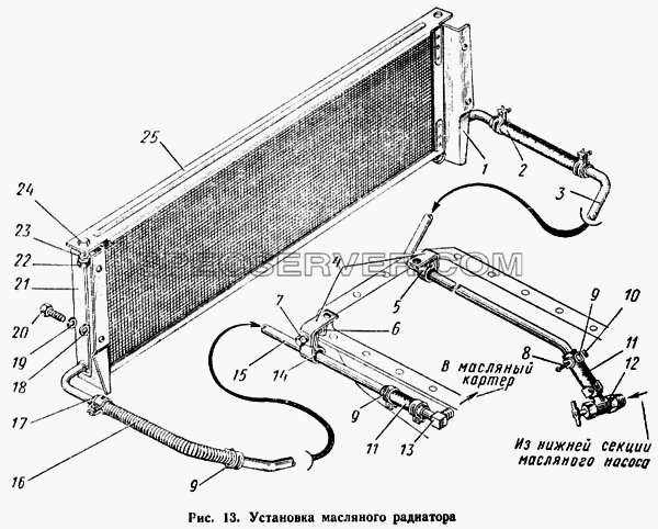 Установка масляного радиатора для КАЗ 608 (список запасных частей)
