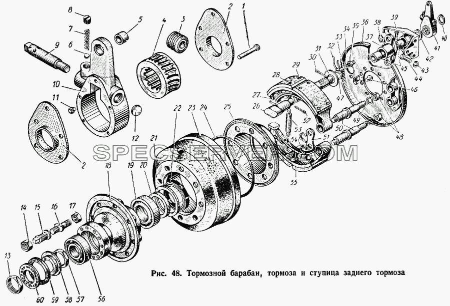 Тормозной барабан, тормоза и ступица заднего колеса для КАЗ 608 (список запасных частей)
