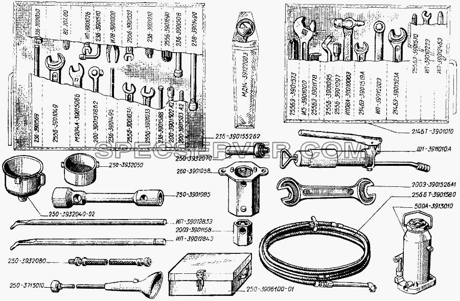 Раскладка инструмента в инструментальном ящике для КрАЗ-250 (список запасных частей)