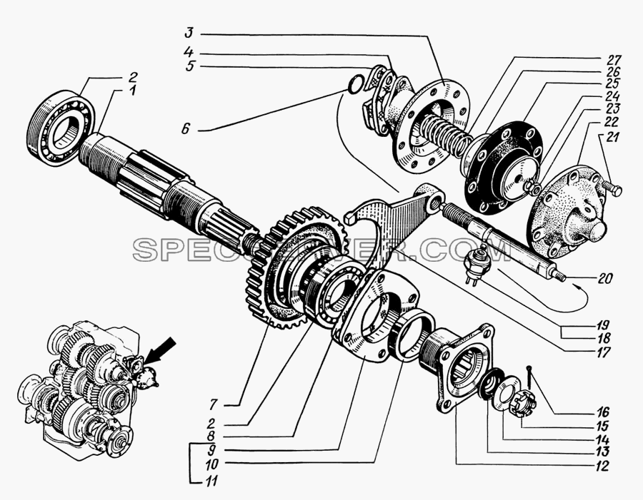 Вал привода отбора мощности и механизм включения для КрАЗ-63221 (список запасных частей)