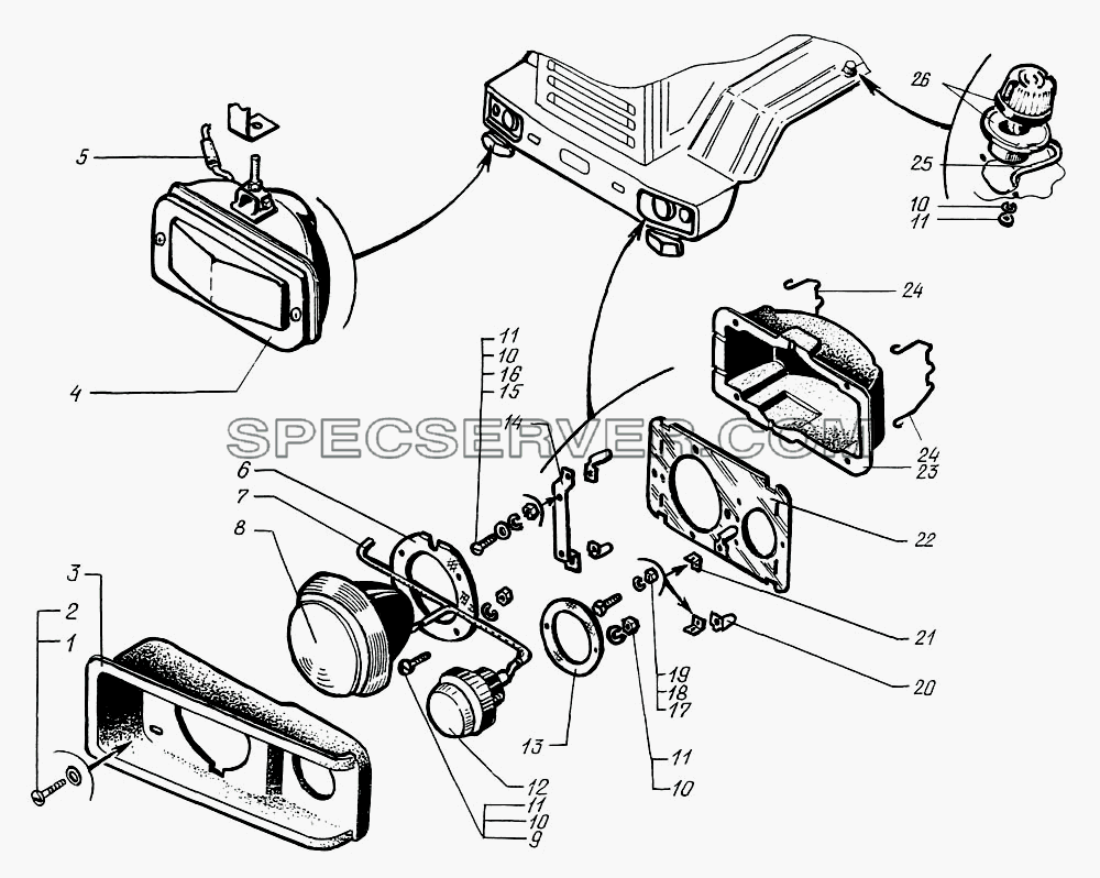 Приборы световые передние для КрАЗ-6322 (шасси) (список запасных частей)