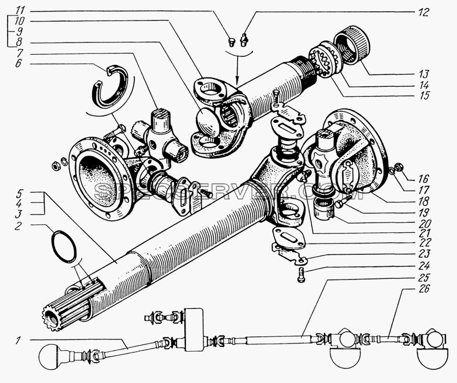 Вал карданный привода переднего, среднего и заднего мостов для КрАЗ-6322 (список запасных частей)