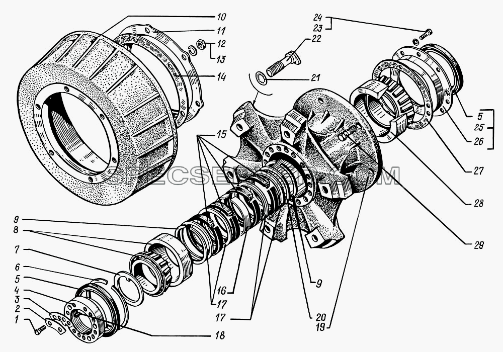 Ступица заднего колеса с тормозным барабаном для КрАЗ-6322 (список запасных частей)
