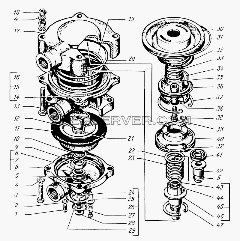 Клапан управления тормозной системой прицепа с двухпроводным приводом для КрАЗ-6446 (список запасных частей)
