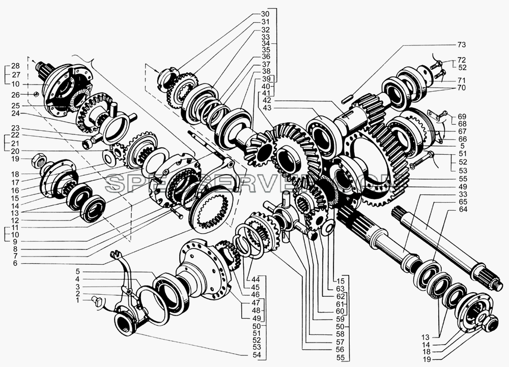 Редуктор главной передачи среднего моста (валы и шестерни) для КрАЗ-65055-02 (список запасных частей)