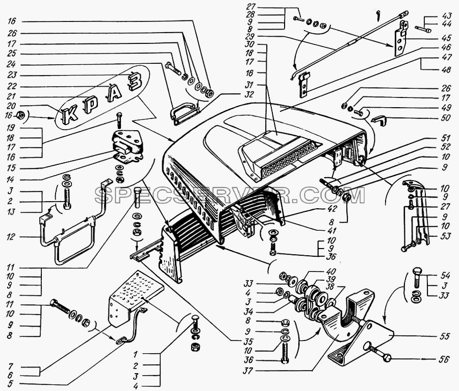 Облицовка радиатора и капот для КрАЗ-65055 (список запасных частей)