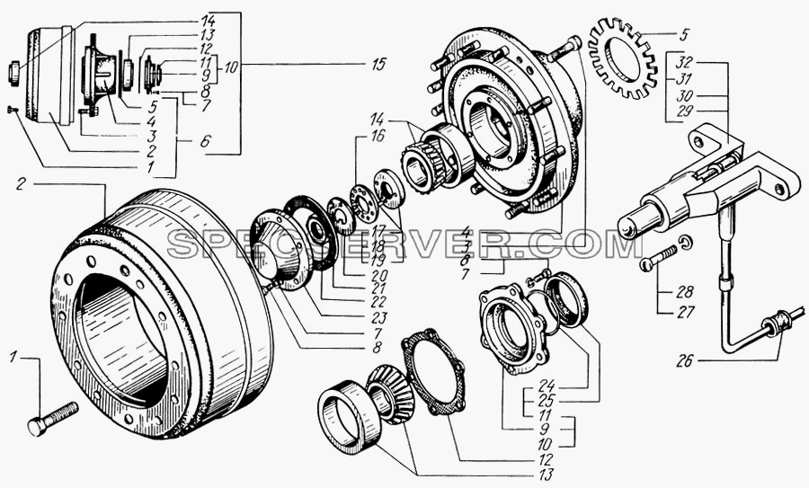 Ступицы и тормозные барабаны передних колес для КрАЗ-65055 (список запасных частей)