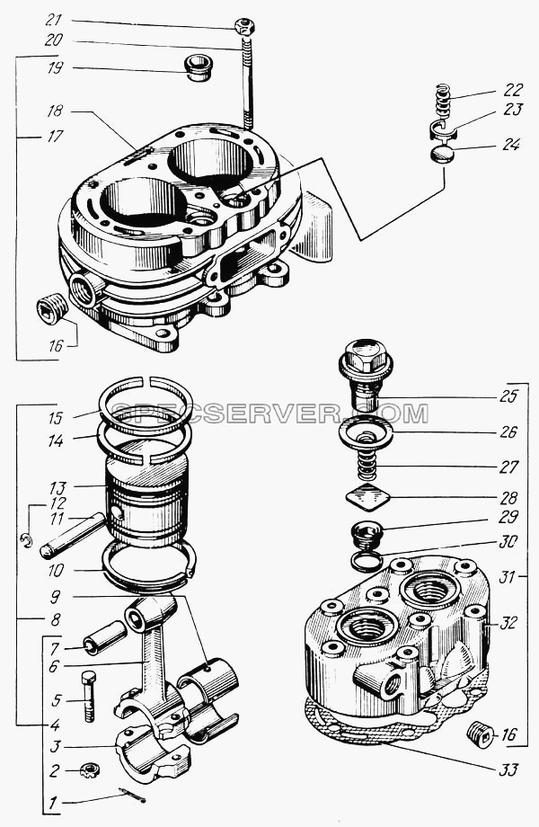 Головка и блок цилиндров компрессора для КрАЗ-65055 (список запасных частей)