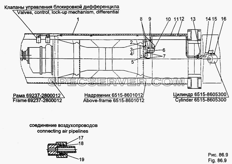 Установка трубопроводов системы управления для МЗКТ-65158 (список запасных частей)