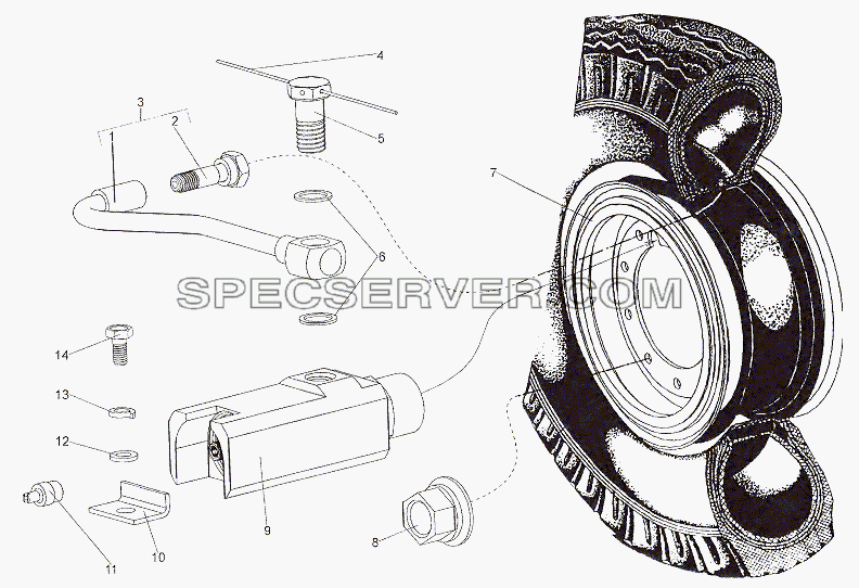 Установка колеса для МЗКТ-6527 (список запасных частей)