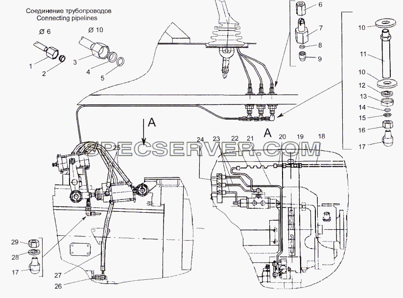 Воздухопроводы и шланги управления механизмом переключения передач для МЗКТ-74171 (список запасных частей)