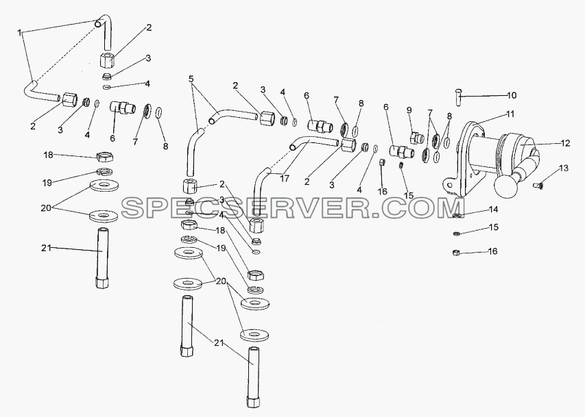 Установка крана стояночного тормоза для МЗКТ-74171 (список запасных частей)