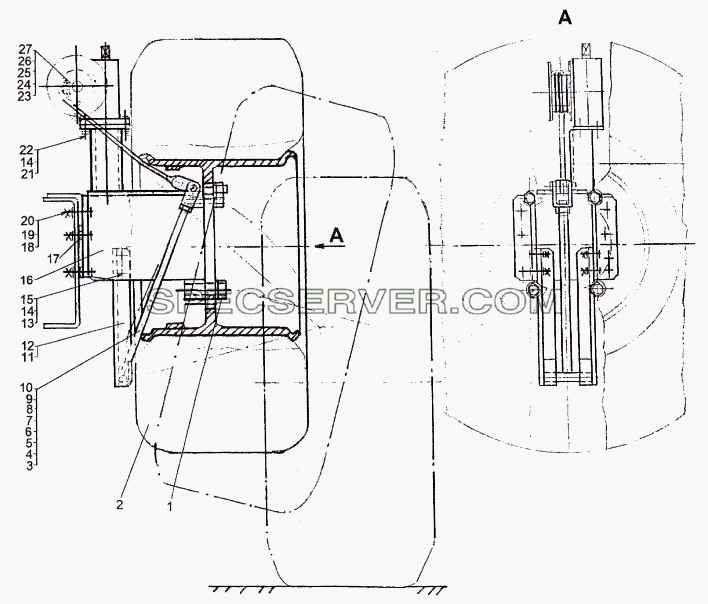 Установка подъемника запасного колеса для МЗКТ-74171 (список запасных частей)