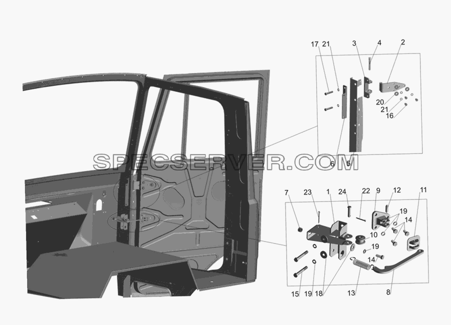 Установка ограничителя и петель двери для МАЗ-437030 (Зубрёнок) (список запасных частей)