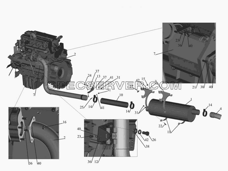 Установка системы выпуска газов 437030-1200001 для МАЗ-437030 (Зубрёнок) (список запасных частей)