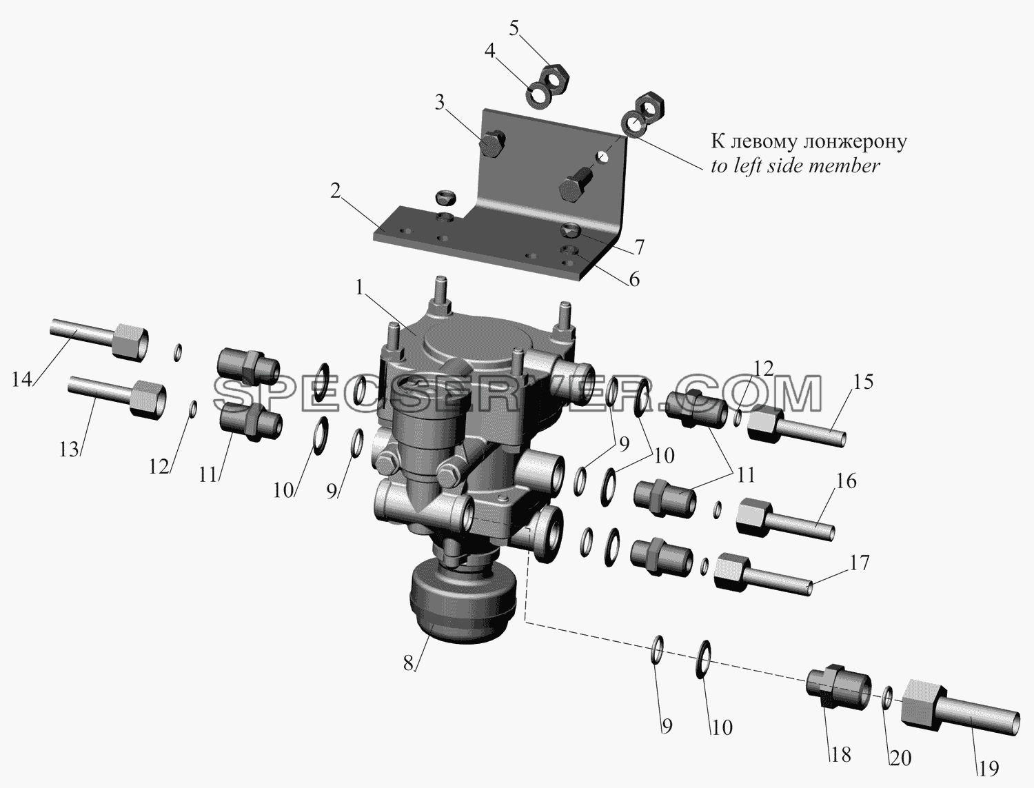 Установка клапана управления тормозами прицепа 437141-3522005 для МАЗ-437130 (Зубрёнок) (список запасных частей)
