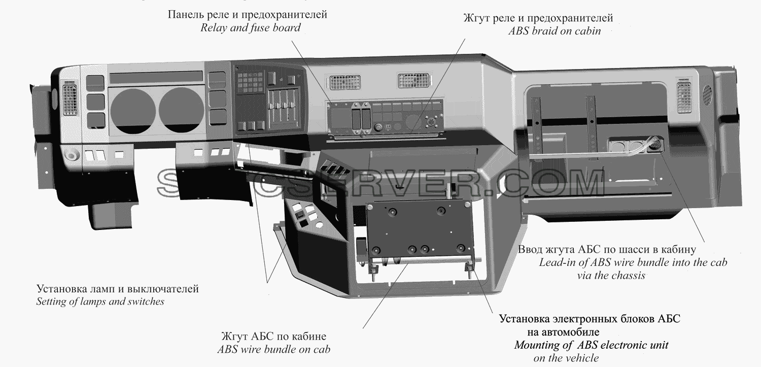Расположение элементов систем АБС в кабине автомобиля 437137-370001 для МАЗ-437130 (Зубрёнок) (список запасных частей)