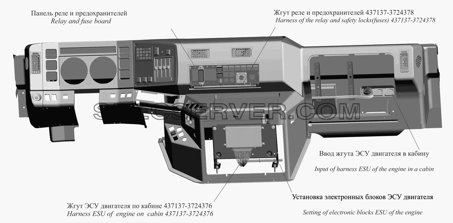Расположение элементов систем ЭСУ в кабине автомобиля 437137-3800060 для МАЗ-437130 (Зубрёнок) (список запасных частей)