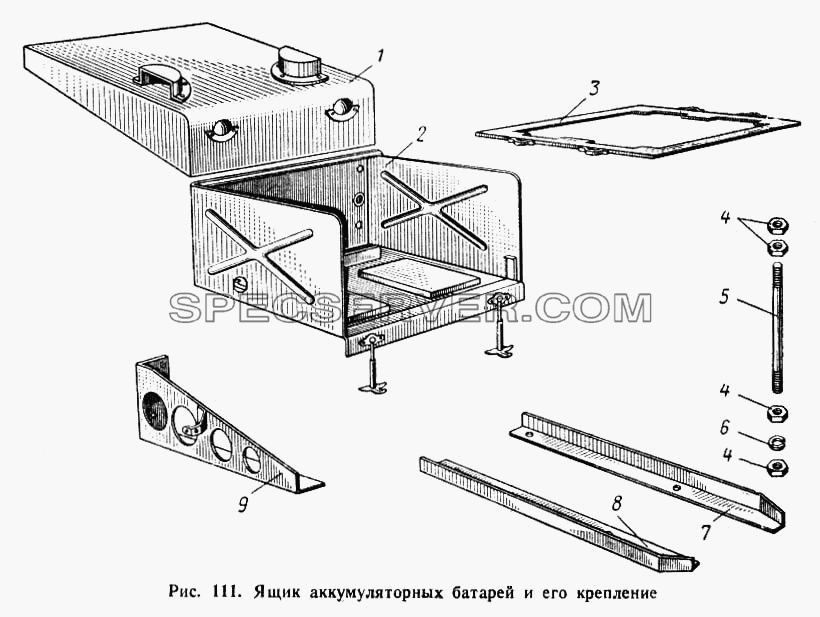 Ящик аккумуляторных батарей и его крепление для МАЗ-500А (список запасных частей)