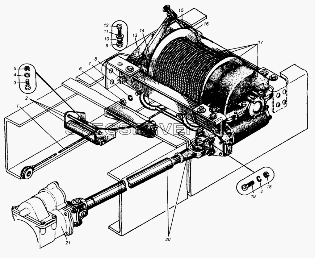 Лебедка, вал карданный лебедки МАЗ-509А для МАЗ-504В (список запасных частей)