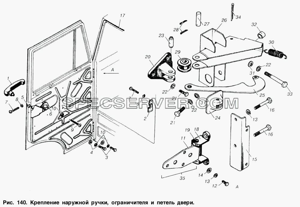 Крепление наружной ручки, ограничителя и петель двери для МАЗ-53366 (список запасных частей)