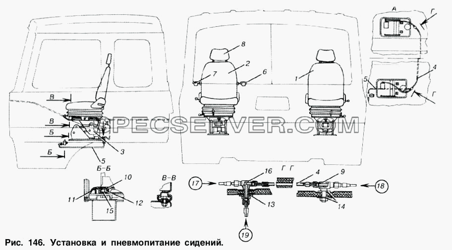 Установка и пневмопитание сидений для МАЗ-53366 (список запасных частей)