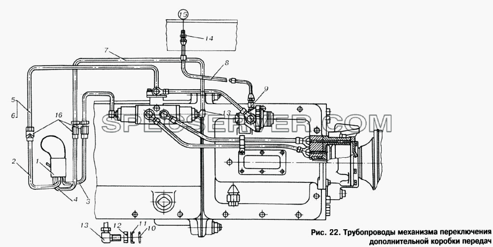 Трубопроводы механизма переключения дополнительной коробки передач для МАЗ-53366 (список запасных частей)