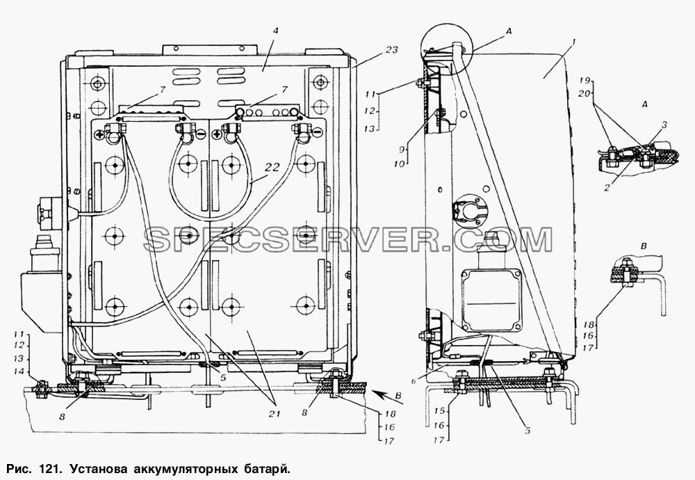Установка аккумуляторных батарей для МАЗ-53366 (список запасных частей)