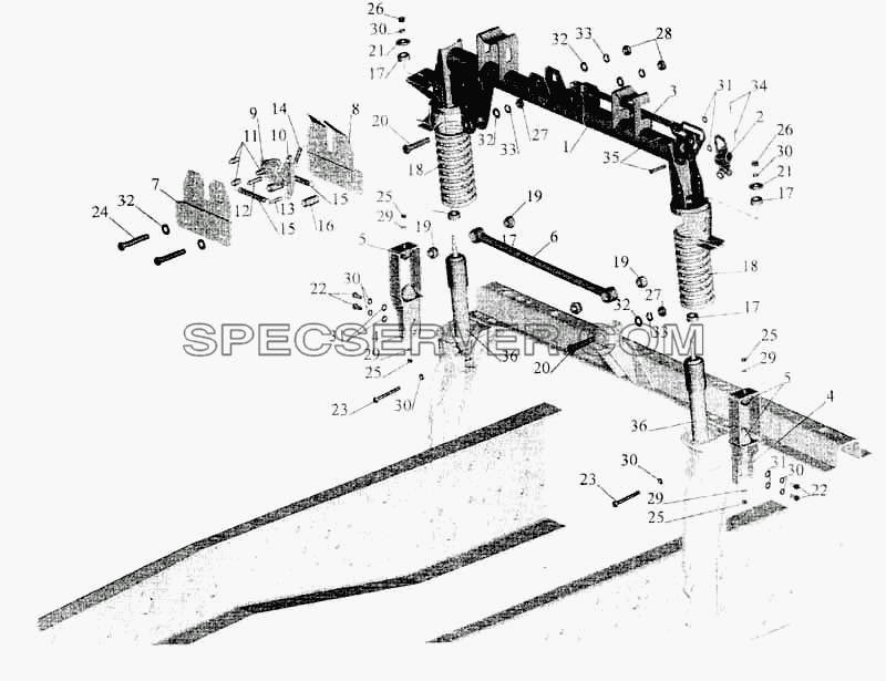 Заднее подрессоривание большой кабины для МАЗ-5336 (список запасных частей)