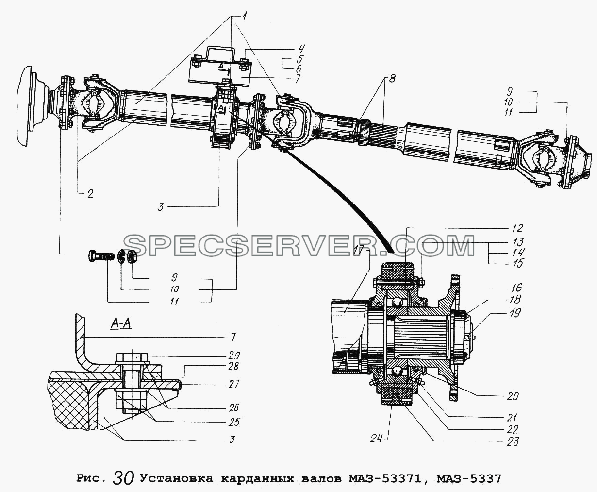 Установка карданных валов МАЗ-53371, МАЗ-5337 для МАЗ-5337 (список запасных частей)